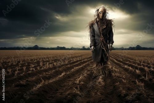 An empty field stretching out into the distance a solitary scarecrow standing vigilfuturistic sci fi Hi Tech international gothic