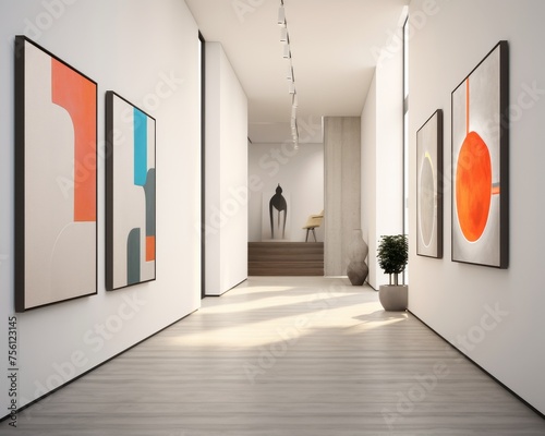 A detailed image of a dormitory hallway with clean floors and colorful artwork on the wallsStudio shot luxurious design elegant simplicity photo
