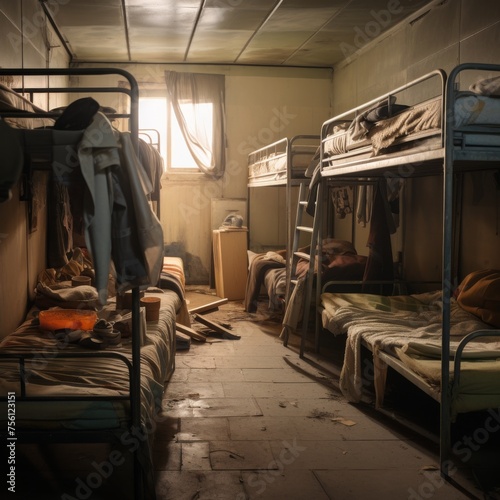 Worn out mattresses and creaky bunk beds in a rundown dormitory photo