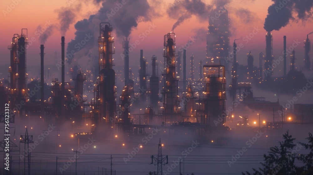 The constant hum of machinery fills the air as the refinery operates 247 to meet the demand for petroleum products.