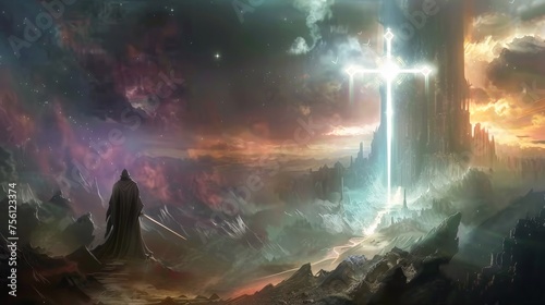A knight kneeling before a Holy Cross in a fantastic multiverse where cosmic battles align with faith
