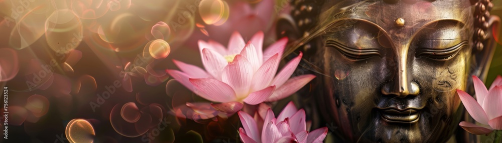 Buddha face adorned with a crown of lotus flowers a symbol of purity and majestic enlightenment - obrazy, fototapety, plakaty 
