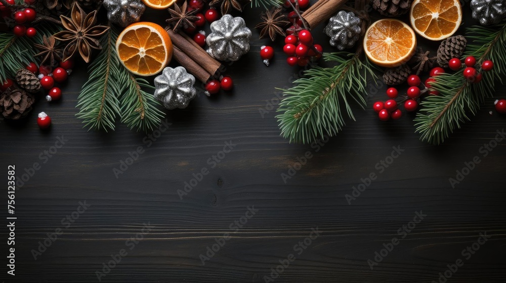 happy Christmas background with the concept of plants and Christmas ornaments on a black background