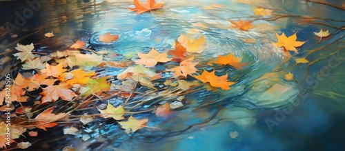 An electric blue painting of leaves floating on water, capturing a serene natural landscape with clouds in the sky. A visual arts event for leisure