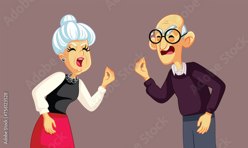 Angry Elderly Couple Fighting with Each other Vector Characters. Grandparents arguing screaming at each other in stressful quarrel 
