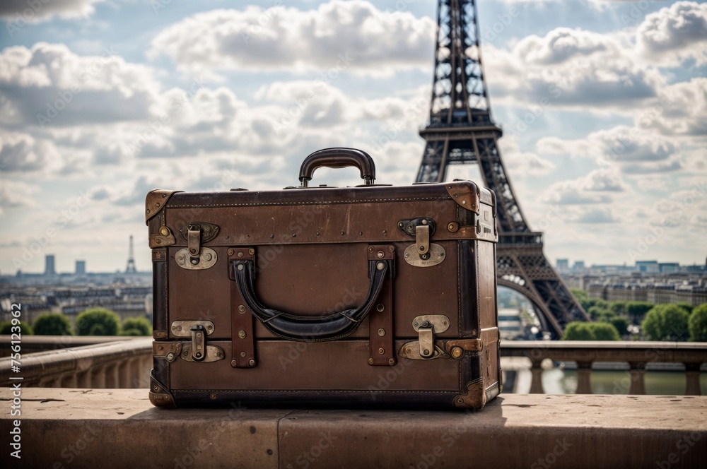 Vintage suitcase on the Eiffel tower in Paris, France