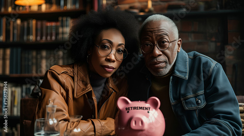 Retried older couple - piggy back with the label “RETIREMENT” - 401k - pension - retirement plan - retirement savings - Roth - IRA  - investments - saving - putting money back photo