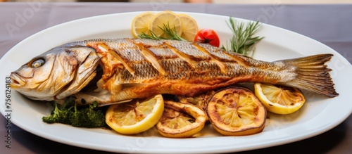 A white plate showcasing a tinapa fried fish dish garnished with lemon slices and fines herbes. A delicious Filipino cuisine recipe on elegant tableware photo