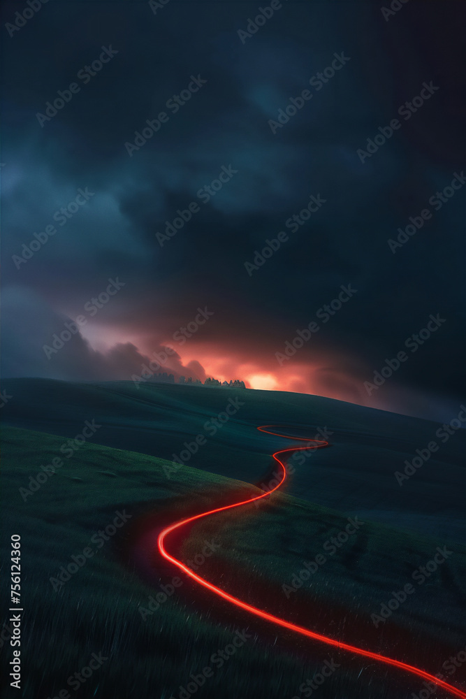 clouds over the mountains with light trail on the road