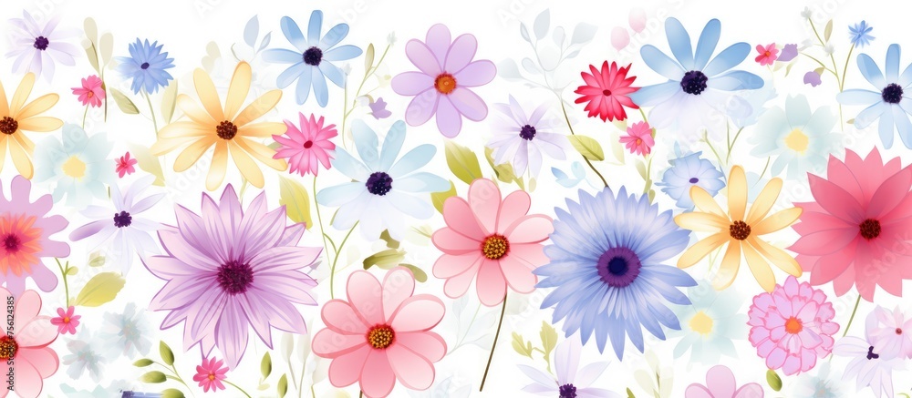Seamless pattern of flowers in various colors on a white background. Designed for decorative use on various surfaces and items.