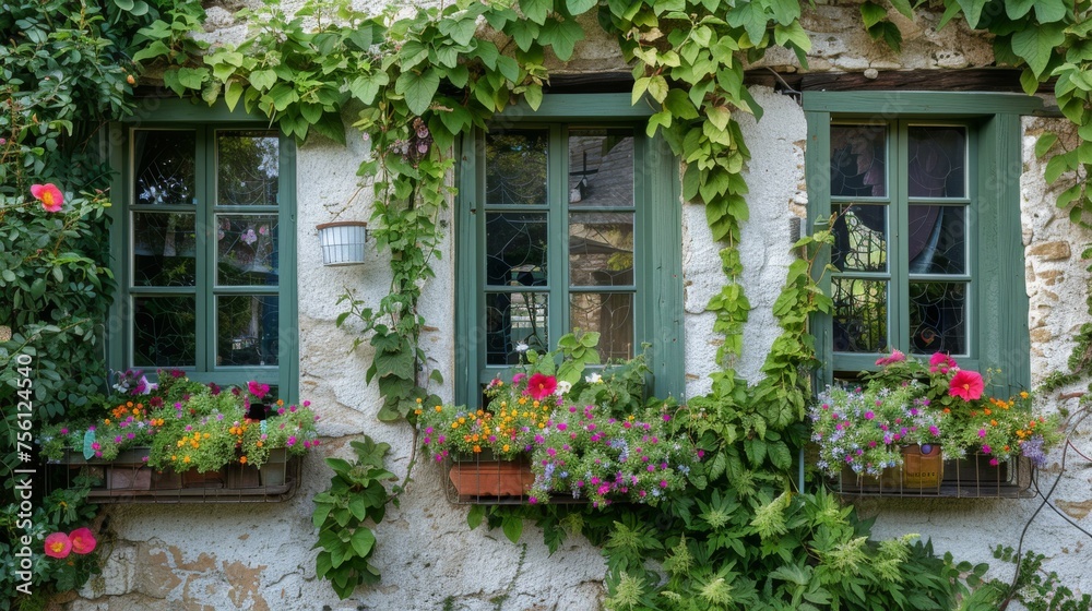 A quaint countryside cottage adorned with climbing ivy and flower-filled window boxes exudes