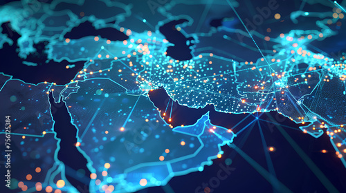 Abstract map of Saudi Arabia, Middle East and North Africa, concept of global network and connectivity, data transfer and cyber technology, information exchange and telecommunication 