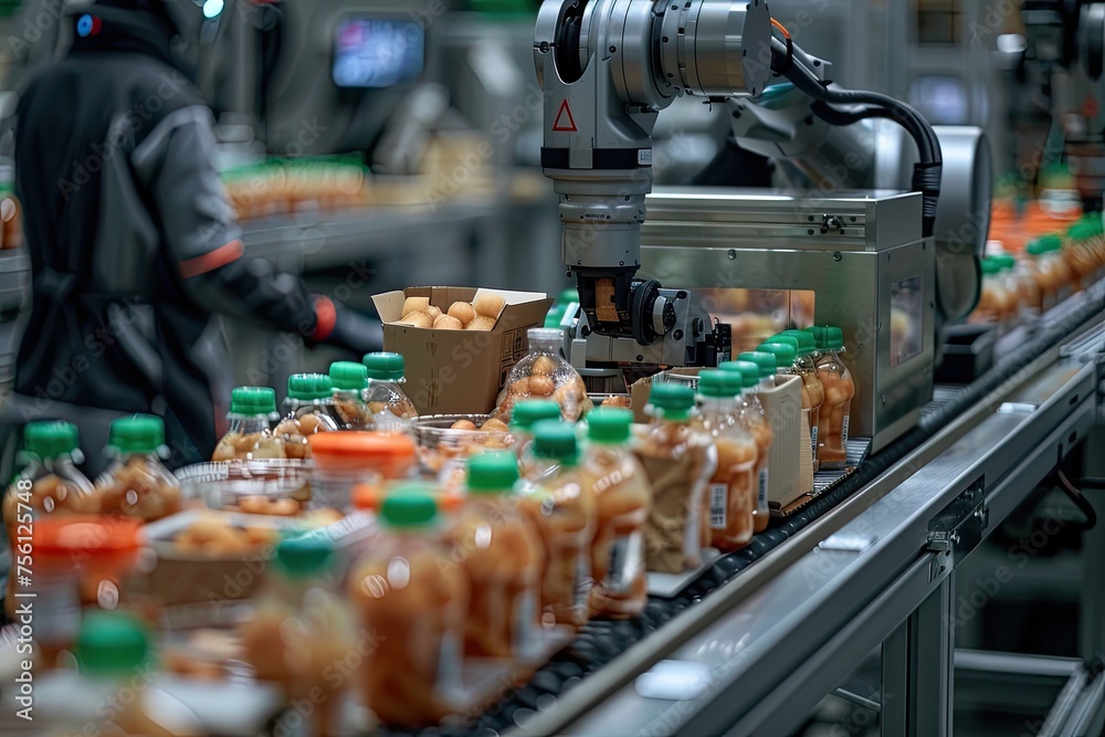 A conveyor line with a robot packing canned juice.