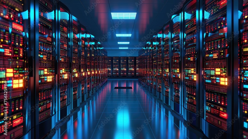 A large hardware room with computer equipment. The data center.