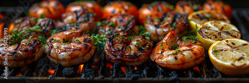 BBQ Grilled Seafood Assortment on Grill Grate,
 Grilled seafood on wood plate, fresh and healthy appetizer photo