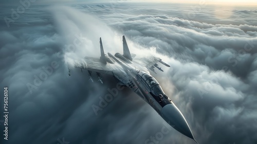 long exposure of jetfighter at high speed flying above the clouds photo