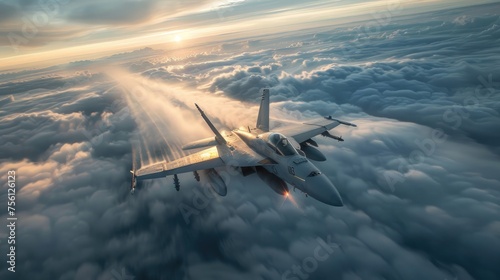 long exposure of jetfighter at high speed flying above the clouds photo