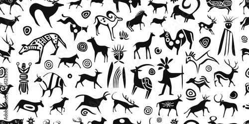 Seamless petroglyph pattern, rock paintings, isolated on white background, vector design