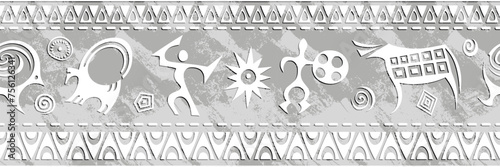 Ethnic seamless border on the theme of rock paintings, vector design, banner	