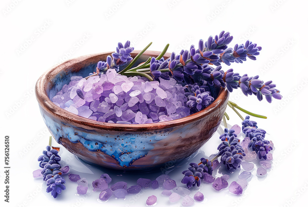 A bowl with sea salt, lavender, watercolor illustration for design. A bowl with sea salt, lavender, watercolor illustration for design.
