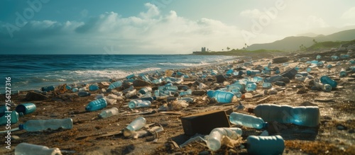 Trash litters the beach by the ocean, marring the natural landscape where water, sky, and horizon meet. Help keep our beaches clean by removing waste photo