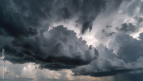 Dark cloudy sky before thunderstorm background. Dramatic puffy bright and dark clouds