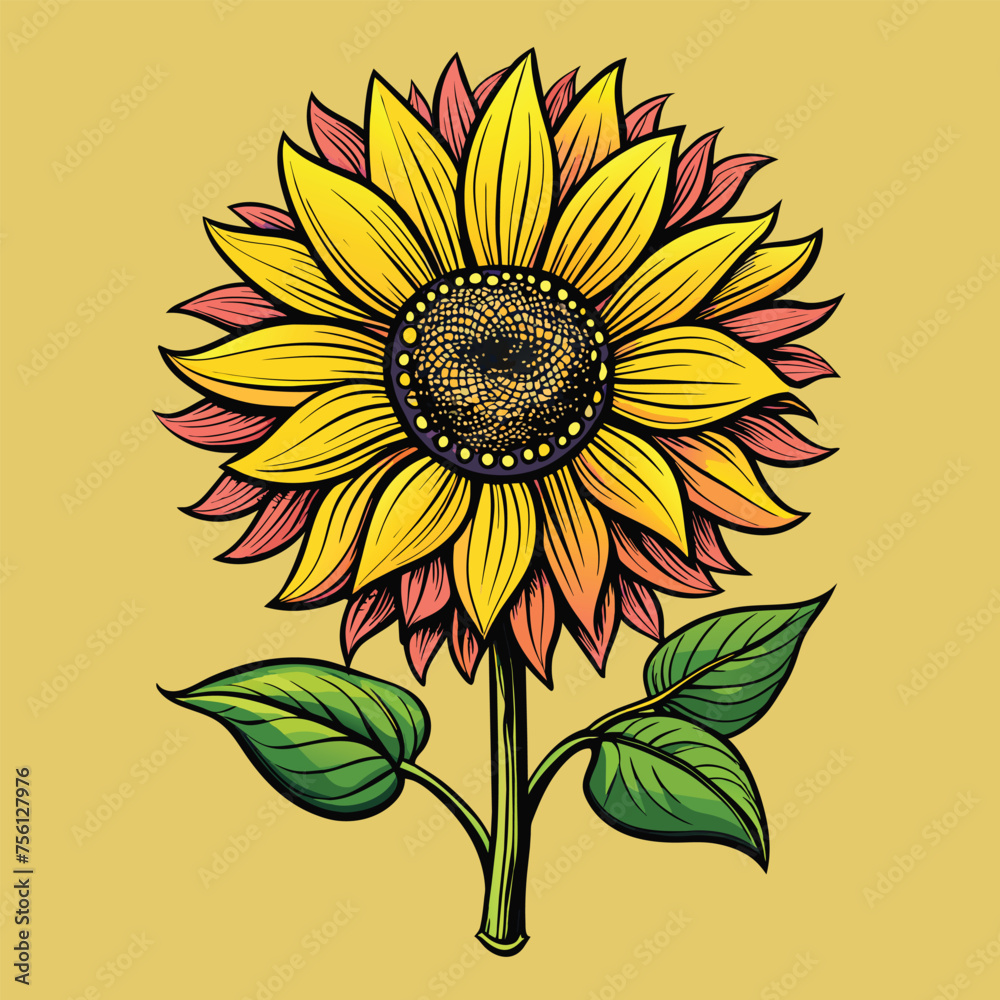 Fototapeta premium Retro a yellow sunflower with green leaves for Tshirt Design
