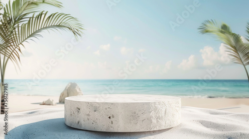 A white stone pedestal is on a beach with palm trees in the background