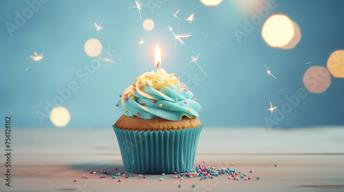 delicious birthday cupcake on table on lights background © Aura