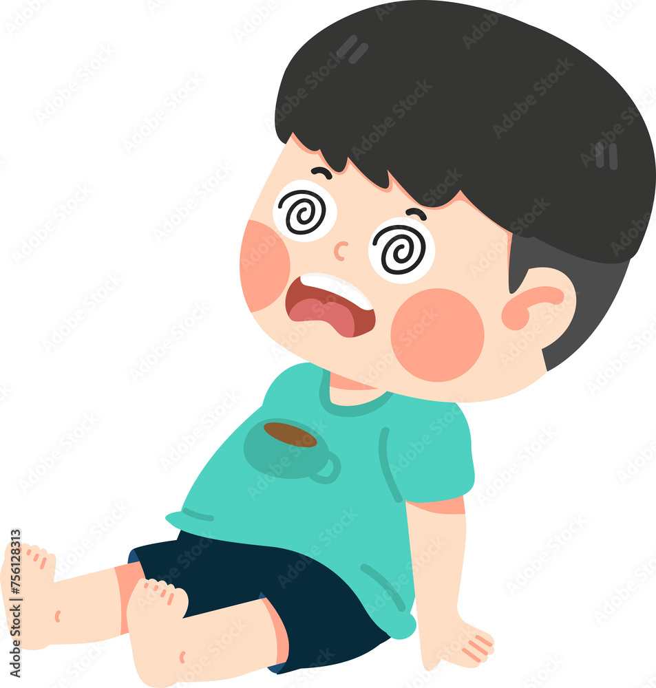 Kid boy with dizziness sitting on floor Kid boy with dizziness sitting on floor