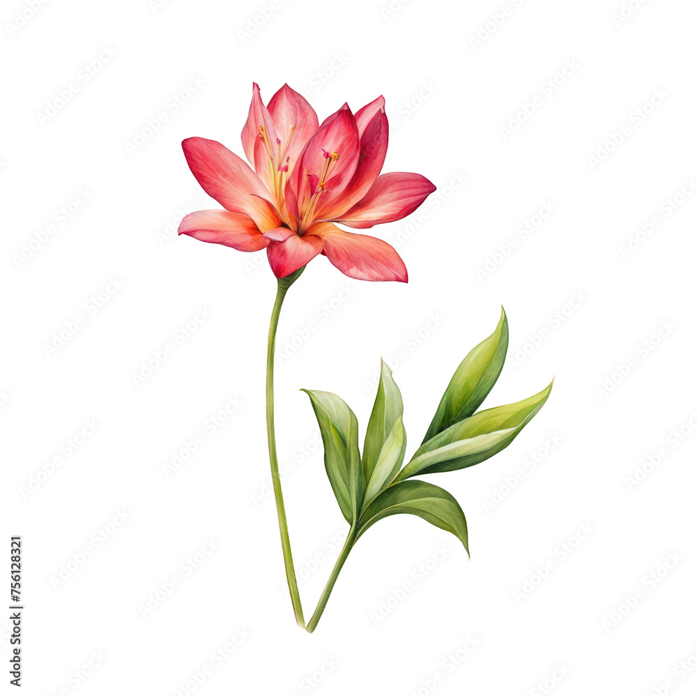 Cute beautiful single flower with leaves, wedding style, floral decoration, Red orange flower, celebration, cute watercolor vector illustration clipart, birth flower