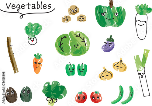 手描き水彩の可愛い顔の野菜のセット_背景白
