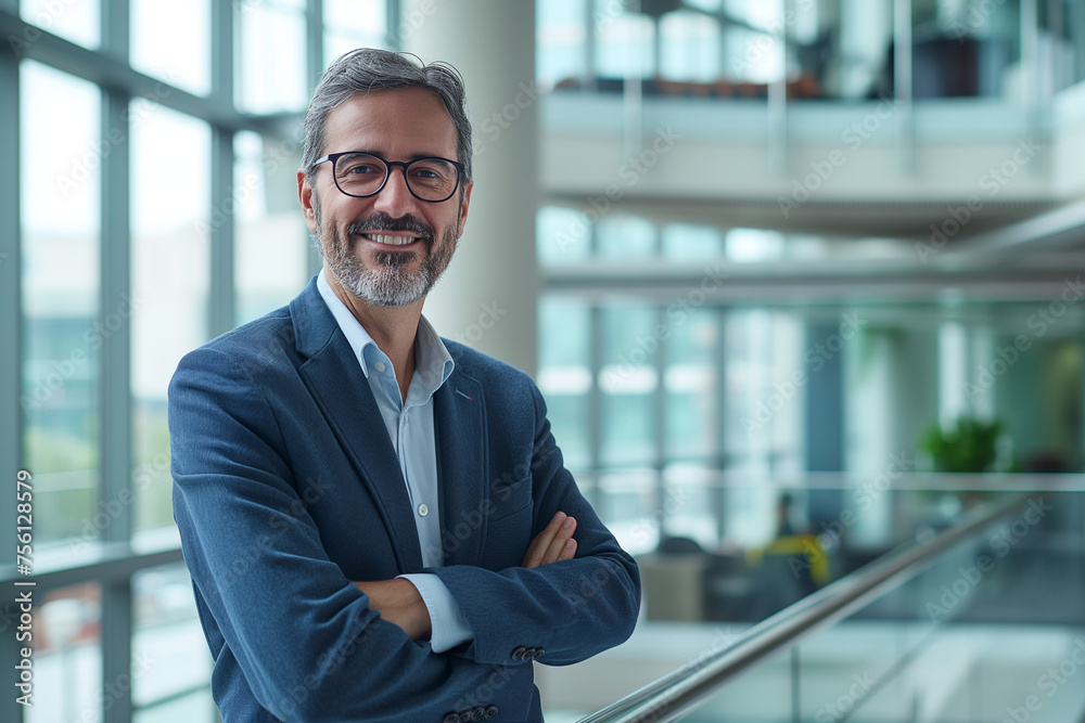 portrait of successful businessman consultant looking at camera and smiling inside modern office building