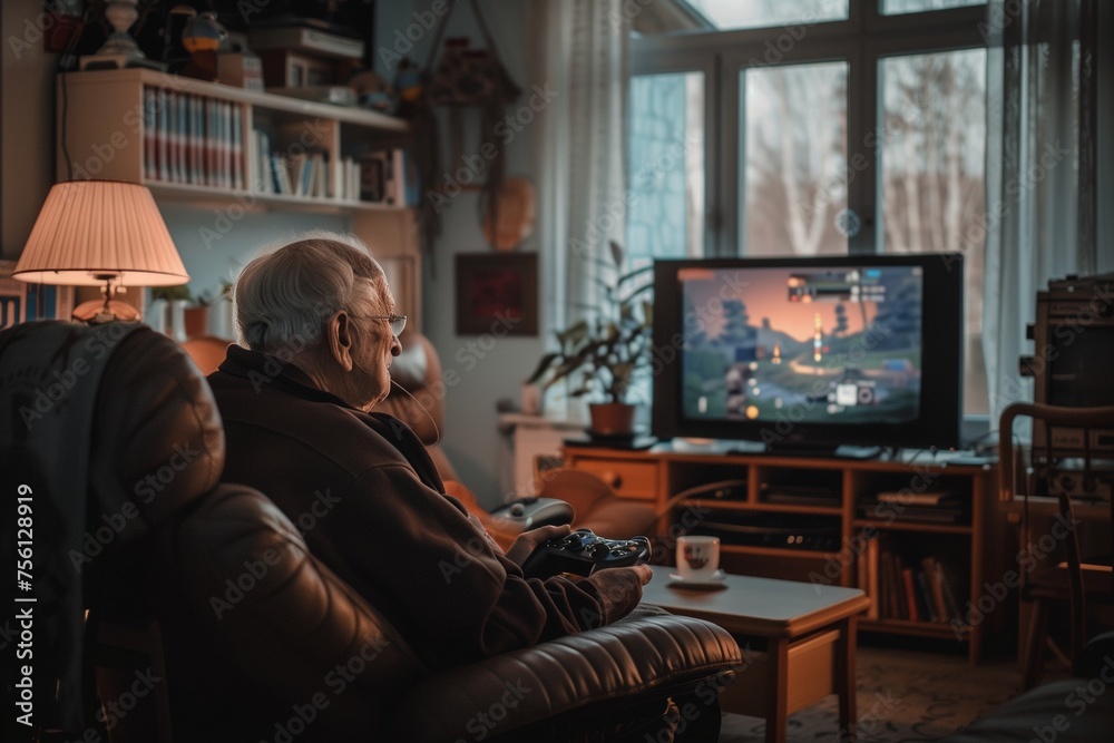 Concentrated Senior Man with Video Game Controller