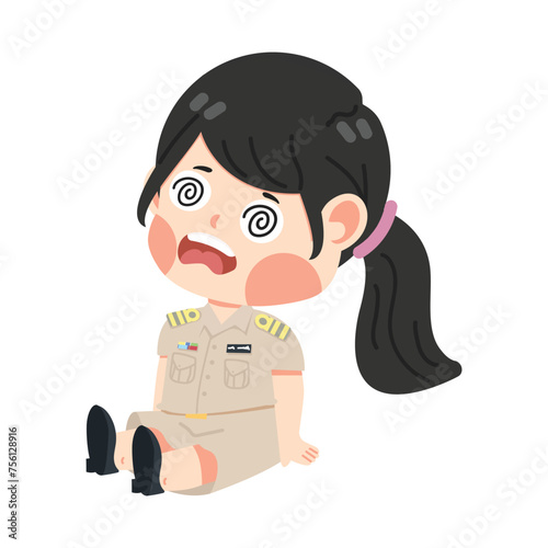 Woman Thai government officers with dizziness sitting on floor