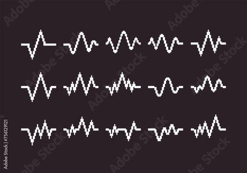 black and white simple flat 1bit vector pixel art set of heartbeat cardiogram lines