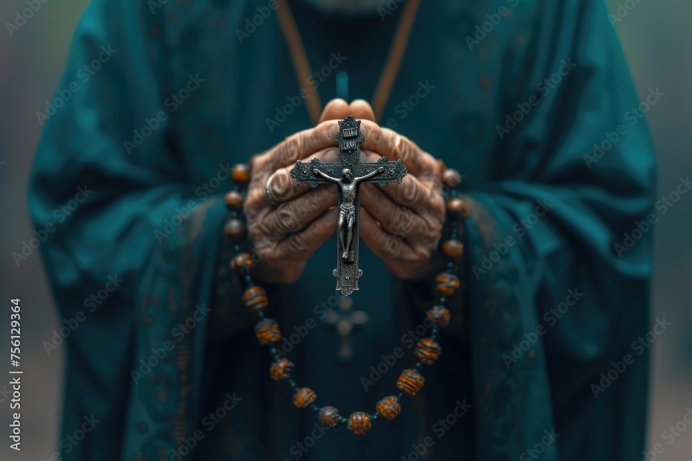 Fototapeta premium Soulful prayer: a man in quiet devotion, hands clasped around a rosary cross, seeking solace and spiritual connection, capturing the essence of serene contemplation, faith, and religious devotion.