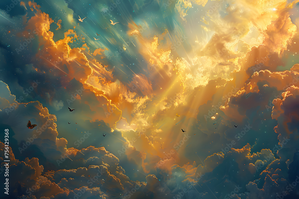 A natural landscape painting capturing the afterglow of dusk with cumulus clouds in an amberorange sky, birds flying in the distance - obrazy, fototapety, plakaty 