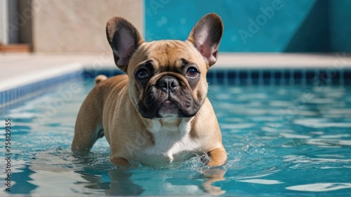 Fawn french bulldog in the swimming pool