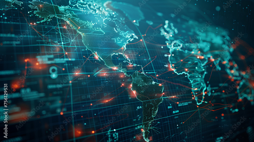 Fototapeta premium Abstract world map concept of global network and connectivity international data transfer and cyber technology worldwide business information exchange and telecommunication 