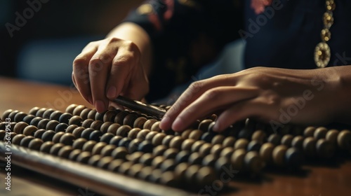 Close up of a woman using a wooden abacus to count numbers
