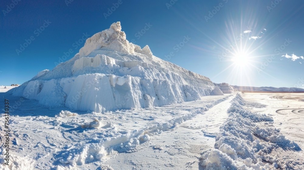 The towering piles of pure white salt crystals stacked high and gleaming in the intense sunlight.