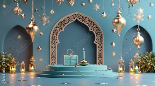 Fototapeta Exquisite 3d rendering: arabian lantern podium & islamic celebration decor with space for text – festive ramadan background