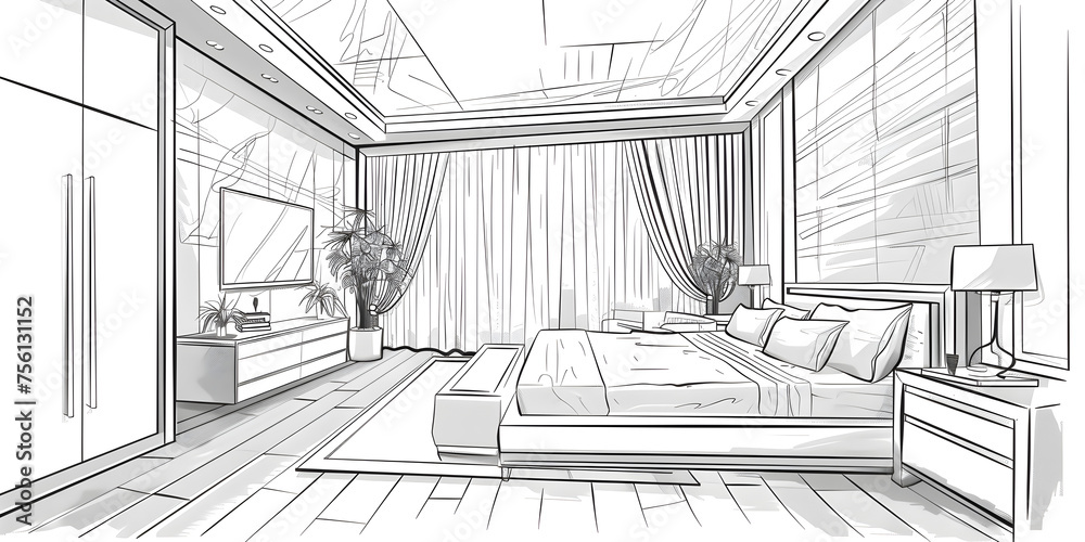 Bedroom in a minimalist style Modern bedroom interior contemporary bedroom Interior design of modern classic style bedroom 3D outline sketch perspective.