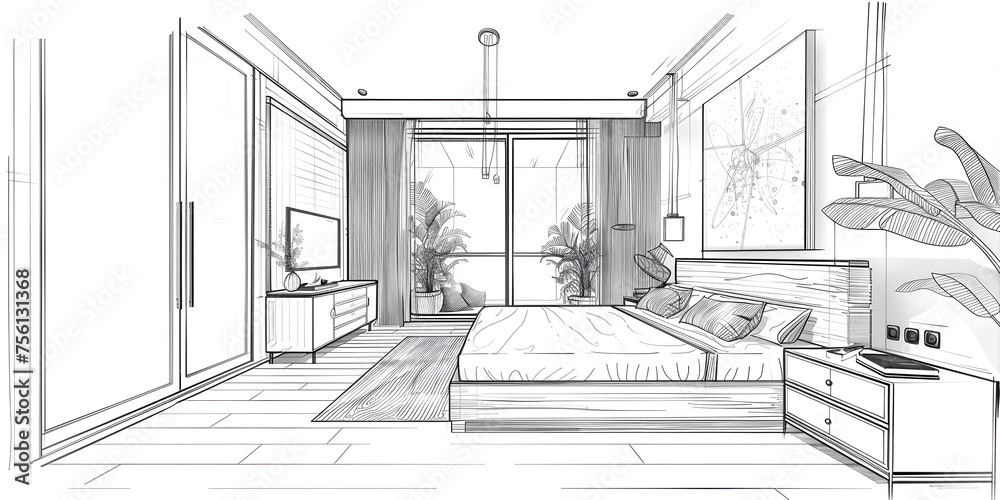 line drawing small bedroom has a wardrobe. Modern desk and chair vector 2d illustrational minimalist bedroom with a walk-in wardrobe hand sketching an interior design project sketch as the place.