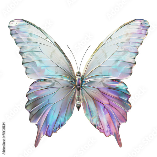 A butterfly with its wings spread open against a plain white background. The wings are a vibrant blend of silver, blue, and pink colors with a faint texture visible © JetHuynh