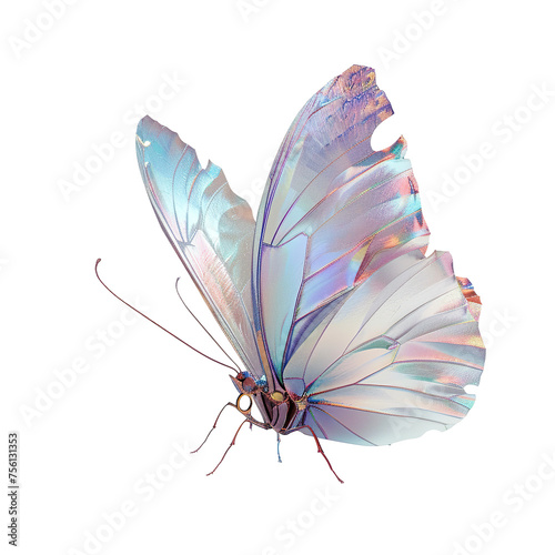 A butterfly with its wings spread open against a plain white background. The wings are a vibrant blend of silver, blue, and pink colors with a faint texture visible