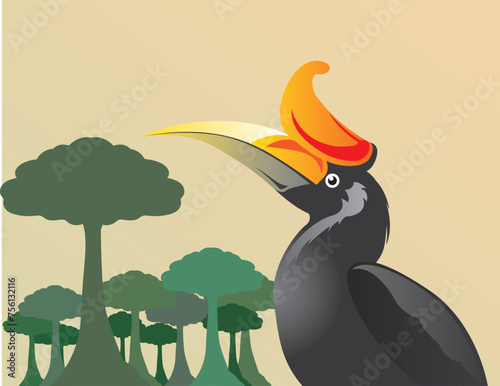 Rhinoceros hornbill and Amazon forest cartoon vector draw background