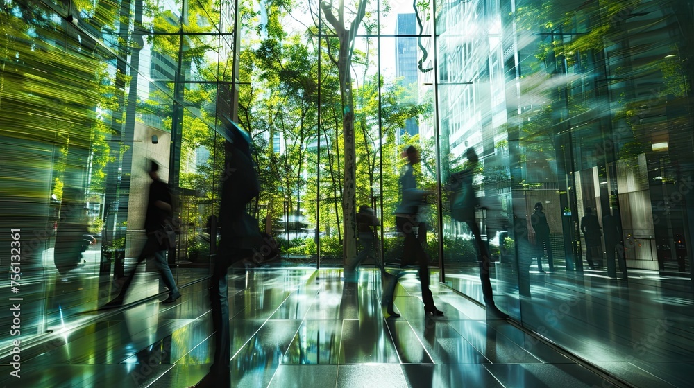 Blurred people walking in glass office with green environment and trees background. Blurred people walking in glass office with green environment and trees background.