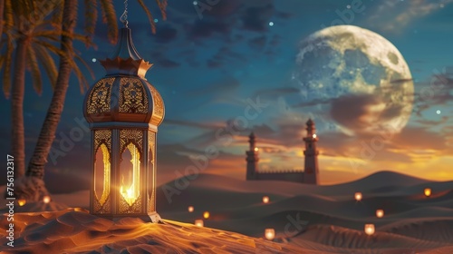 Spectacular sahara lantern and moon arrangement for ramadan or eid mubarak greeting cards